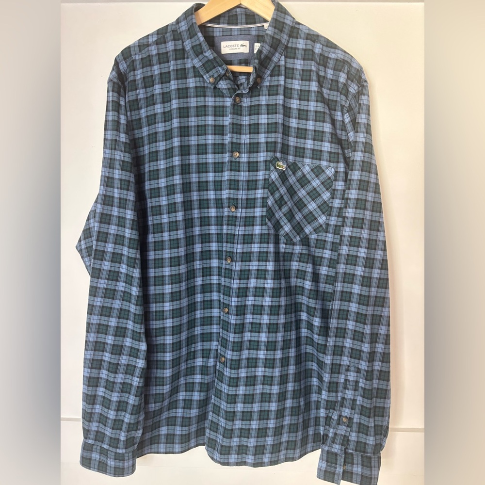 Lacoste Men's Green and Blue Checkered Shirt size XL